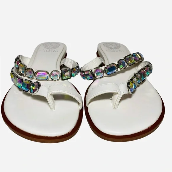 Vince Camuto Bejeweled Sandals Ambridil White Leathers shoes Toe Loop - Picture 6 of 10